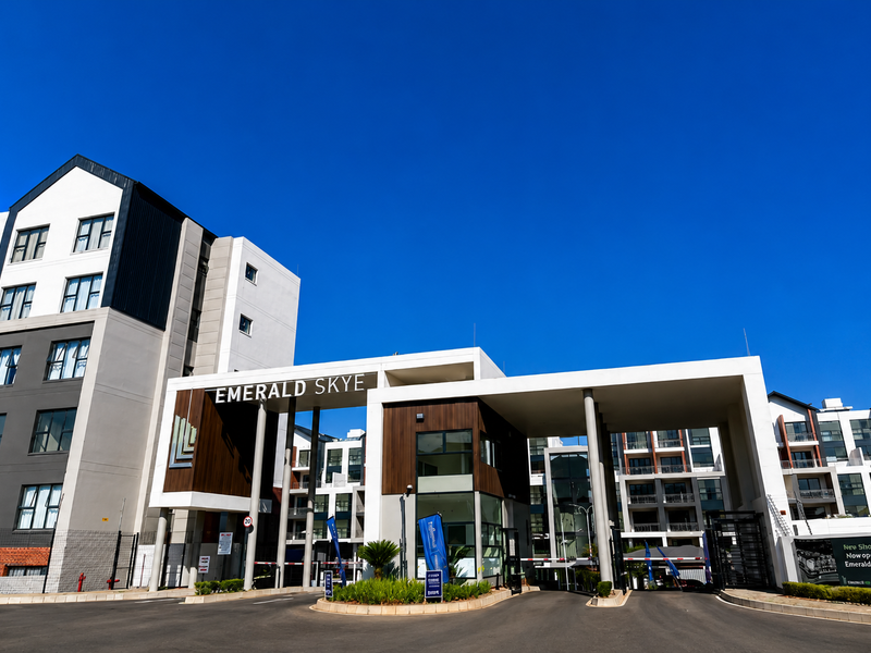 The modern entrance and security gatehouse of the Emerald Skye apartment complex, featuring contemporary architectural design and well-maintained landscaping.