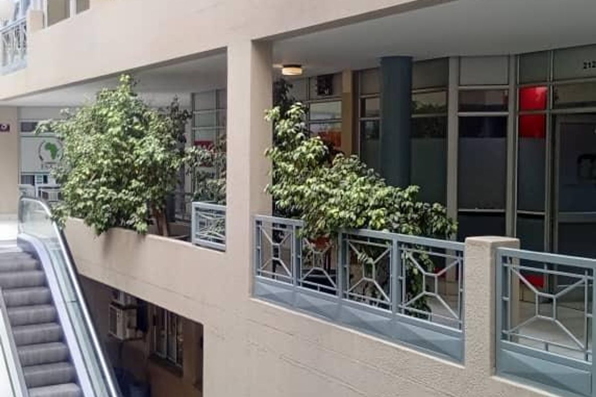 A multi-level office building atrium featuring an escalator, glass-fronted office units, and modern pendant lighting.