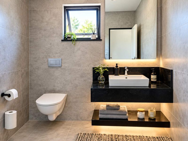 Modern bathroom featuring a wall-hung toilet, floating vanity with vessel sink, backlit mirror, and neutral large-format wall and floor tiling.