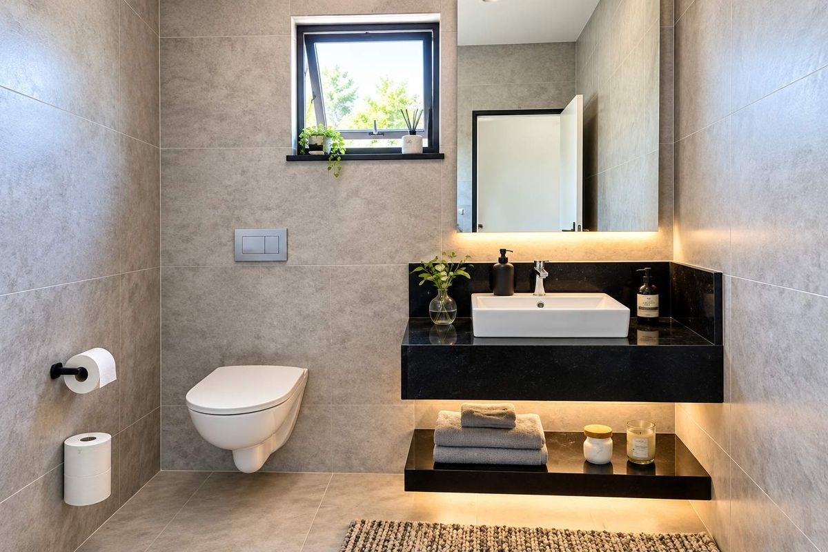 Modern bathroom featuring a wall-hung toilet, floating vanity with vessel sink, backlit mirror, and neutral large-format wall and floor tiling.