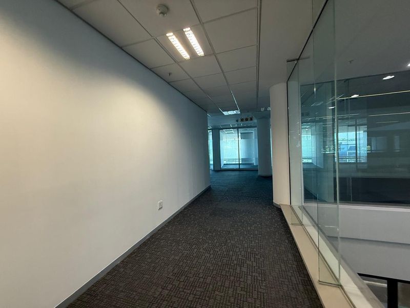 A clean, empty office hallway featuring a suspended ceiling, recessed lighting, and a glass partition wall overlooking adjacent office space.
