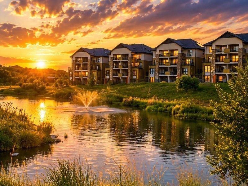 Scenic view of a modern multi-story apartment complex featuring private balconies and stone accents, situated beside a tranquil landscaped pond at sunset.