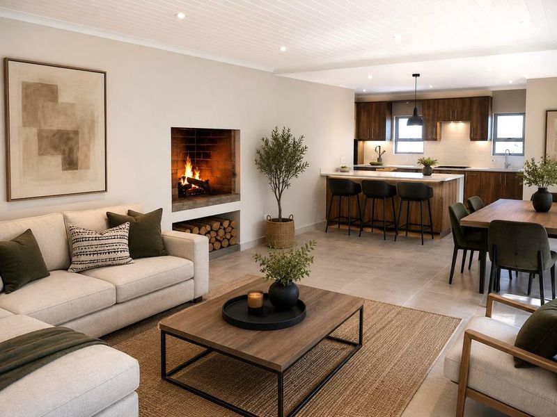 Spacious open-plan living area featuring a modern kitchen with stone countertops, integrated cabinetry, and a cozy built-in fireplace with wood storage.