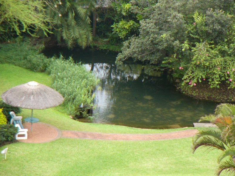 A tranquil garden setting featuring a natural pond, lush greenery, and a paved pathway, offering a peaceful outdoor retreat.