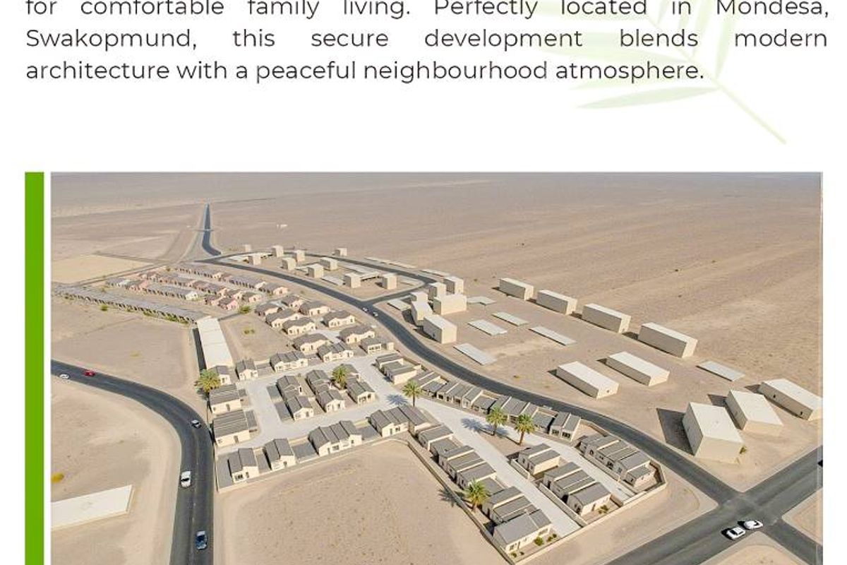 Aerial view of the Mondesa Palms residential development, showcasing the layout of modern townhouse units within a secure estate setting.
