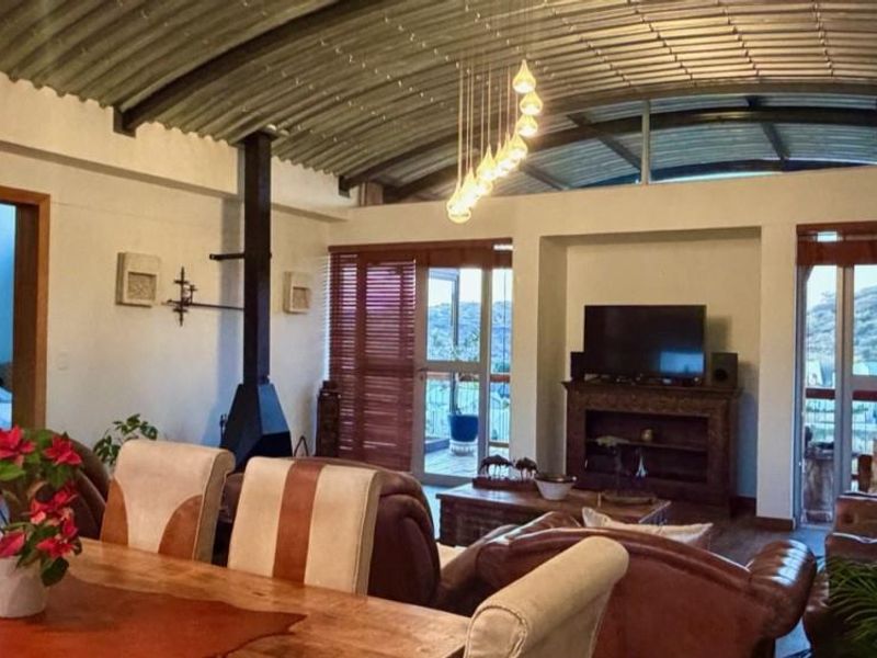 Spacious open-plan living area featuring a unique vaulted corrugated metal ceiling, a modern freestanding fireplace, and large glass doors leading to the outdoors.