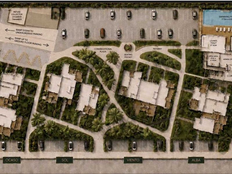 An aerial site plan showing the layout of the apartment complex, including parking areas, swimming pool, landscaped gardens, and building footprints.