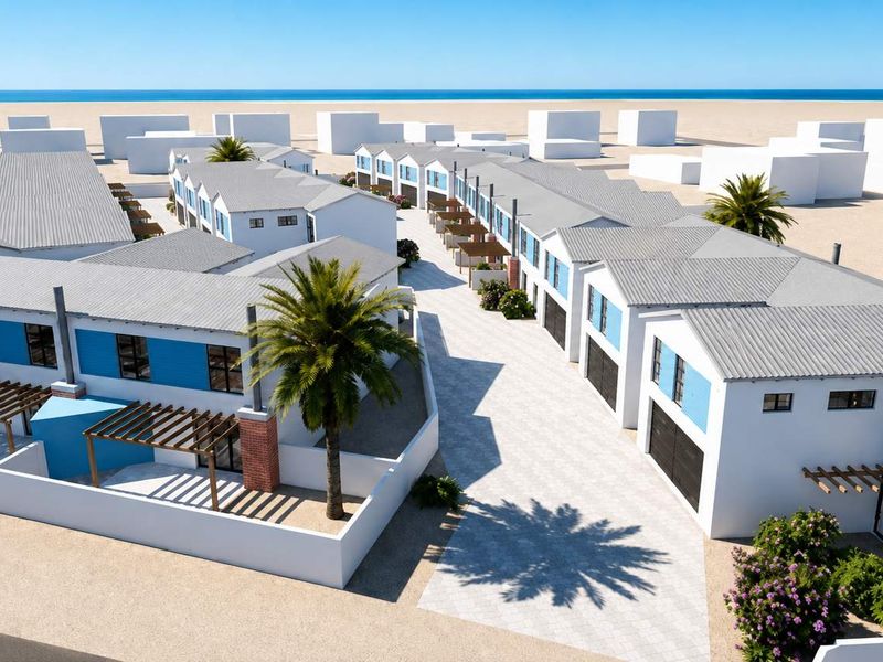 An aerial perspective of a modern townhouse development featuring uniform pitched roofs, paved driveways, and integrated timber pergolas in a coastal setting.