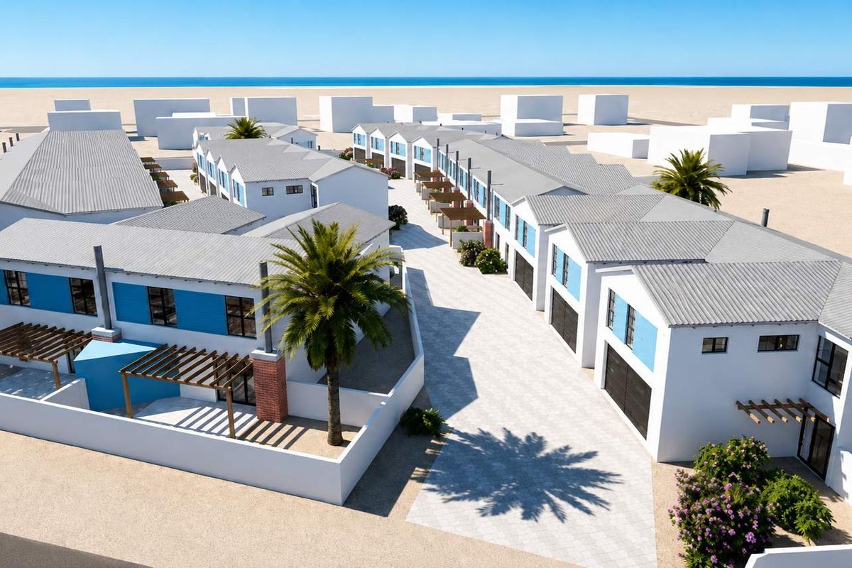 An aerial perspective of a modern townhouse development featuring uniform pitched roofs, paved driveways, and integrated timber pergolas in a coastal setting.