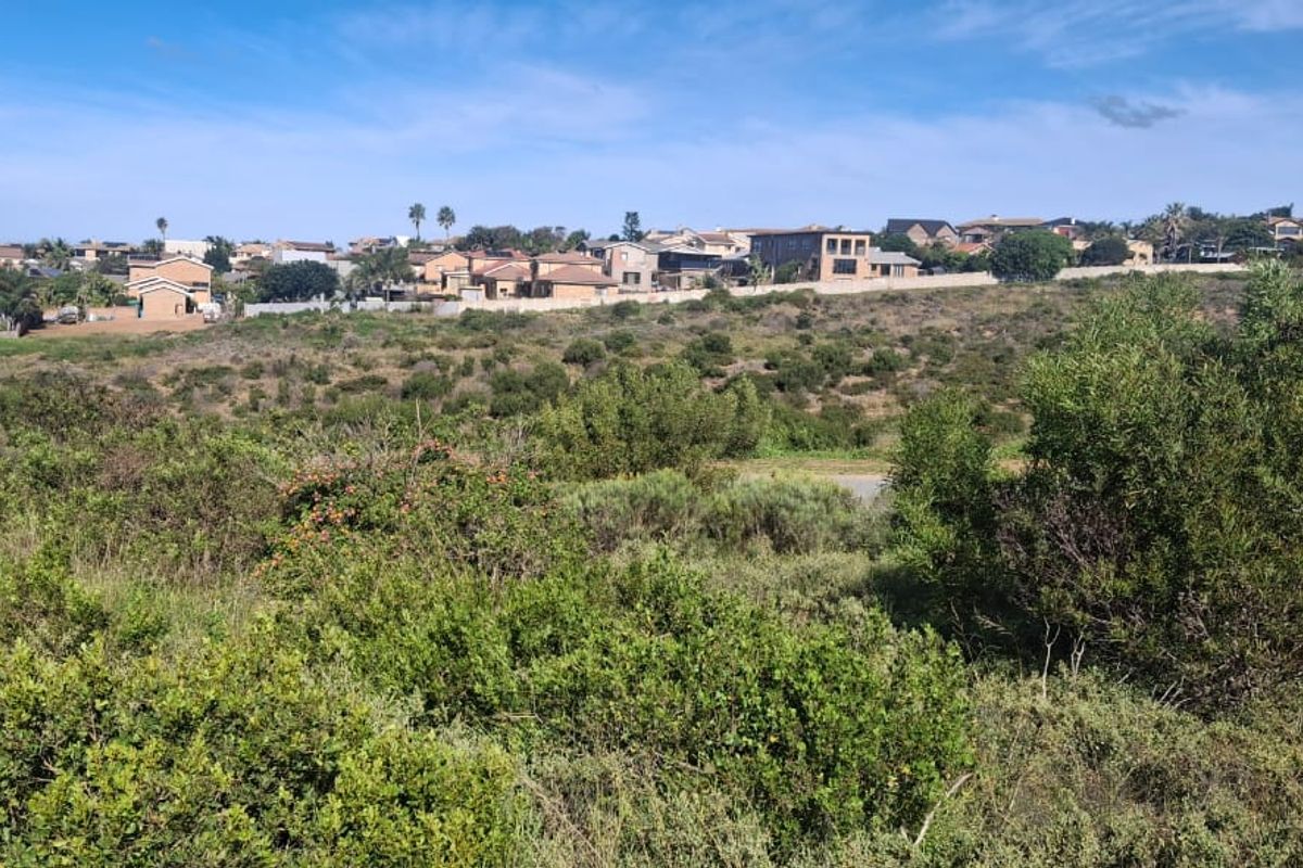 A wide-angle view of the vacant residential land featuring natural vegetation with established suburban housing visible in the background.