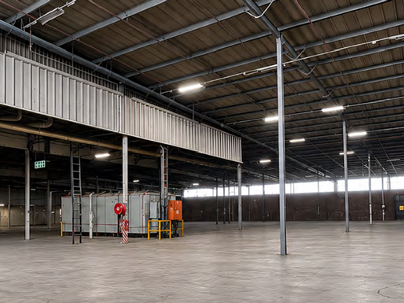 Expansive industrial warehouse space featuring high ceilings, exposed steel structural beams, concrete flooring, and integrated fire safety equipment.