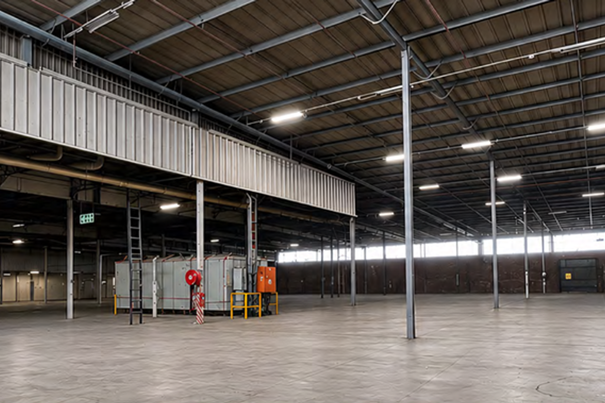 Expansive industrial warehouse space featuring high ceilings, exposed steel structural beams, concrete flooring, and integrated fire safety equipment.