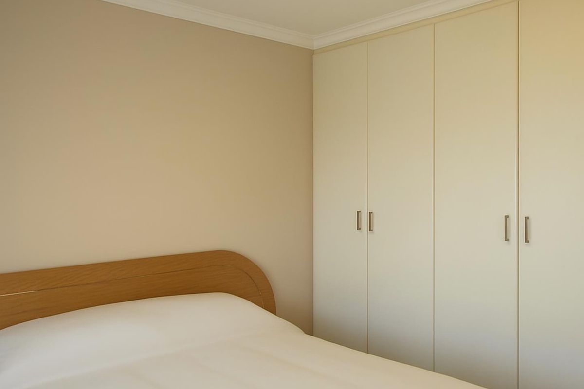 A clean and well-maintained bedroom featuring neutral wall tones, crown molding, and ample built-in floor-to-ceiling cabinetry for storage.