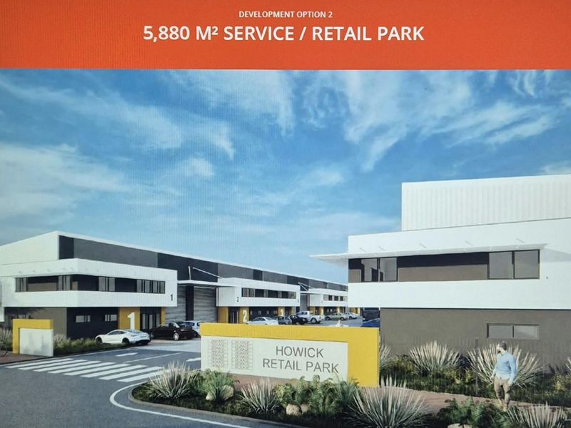 Architectural rendering of a proposed 5,880 square meter service and retail park development featuring modern commercial units and landscaped entrance.
