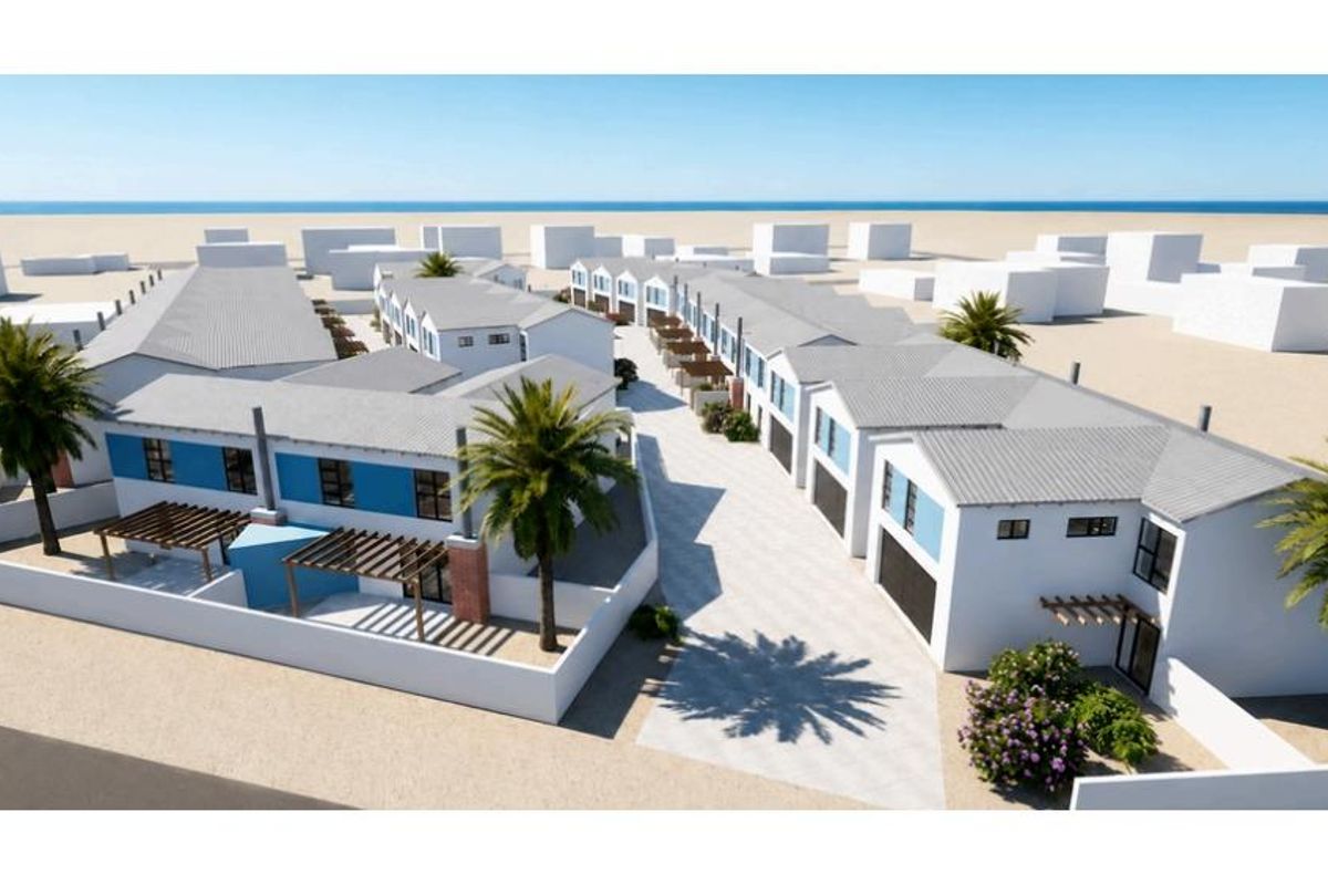 An aerial perspective of a modern townhouse development featuring uniform pitched roofs, paved driveways, and private outdoor pergola areas.