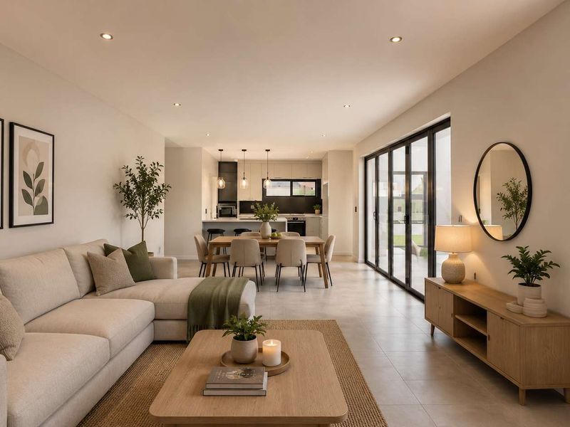 Modern open-plan living and dining area featuring tiled floors, recessed lighting, and large sliding doors leading to the outdoor space, seamlessly connected to the kitchen.