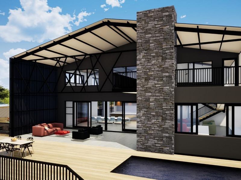 A modern architectural rendering of a two-story residence featuring a stone chimney, expansive timber decking, and a swimming pool.