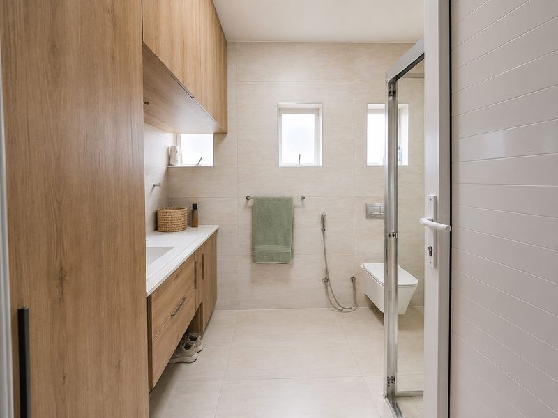 A modern, well-maintained bathroom featuring a sleek wood-finish vanity, wall-mounted toilet, and a glass-enclosed shower with neutral floor-to-ceiling tiling.
