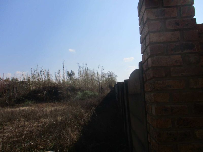 A view of the rear boundary of the vacant residential land, featuring a brick and precast concrete wall with overgrown vegetation.