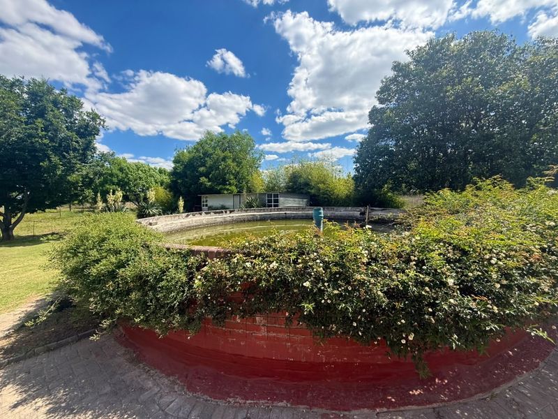 A circular brick water reservoir or pool feature set within a landscaped garden area, requiring maintenance and cleaning.