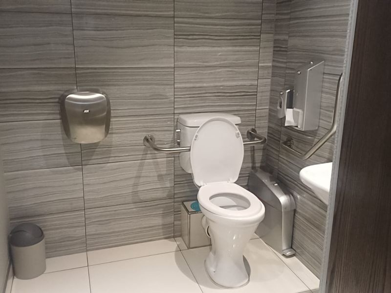 A clean, modern accessible bathroom featuring tiled walls, a toilet with grab rails, and wall-mounted utility fixtures.