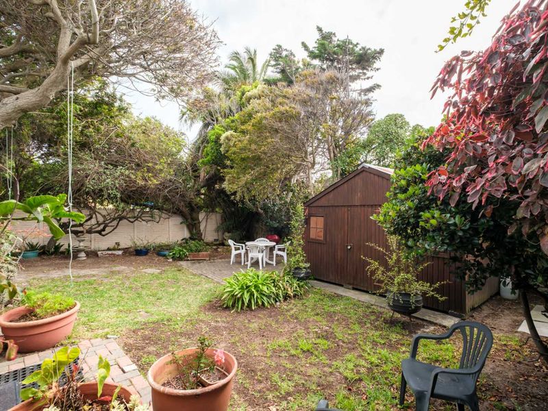 A private rear garden featuring a paved patio area, established trees, and a wooden storage shed enclosed by a boundary wall.