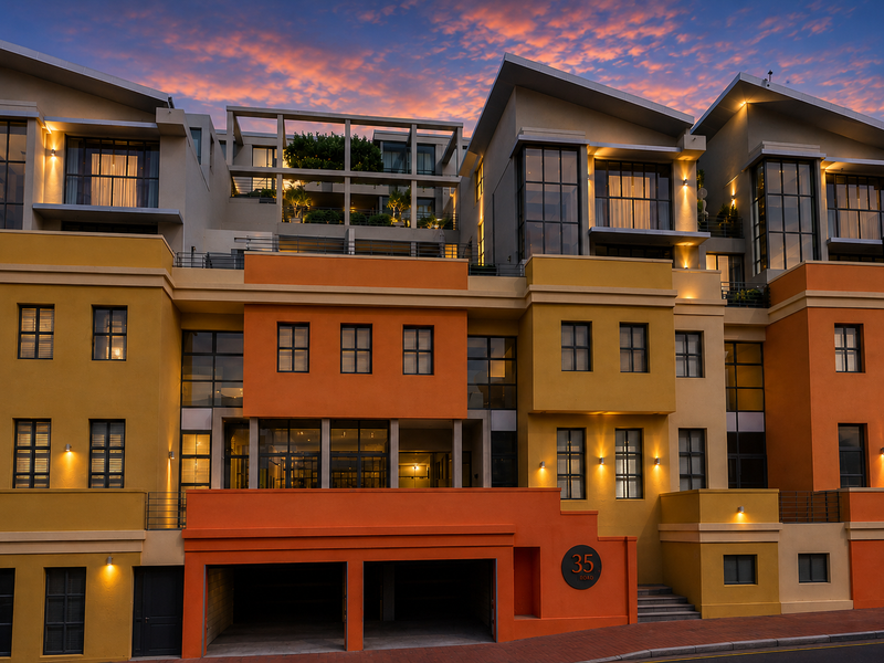 A striking multi-level penthouse exterior facade featuring vibrant orange and yellow tones, large windows, integrated garage access, and modern architectural design at dusk.