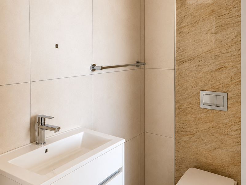 A modern, well-maintained bathroom featuring a wall-mounted toilet with a concealed cistern, a sleek vanity cabinet with basin, and neutral-toned ceramic tiling.