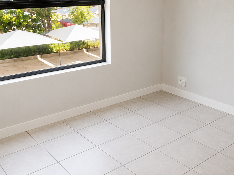 A bright, empty bedroom featuring neutral tiled flooring, clean white walls, and a large black-framed window overlooking the exterior.