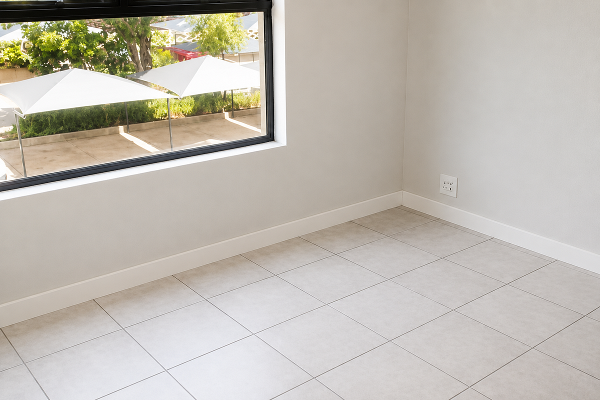 A bright, empty bedroom featuring neutral tiled flooring, clean white walls, and a large black-framed window overlooking the exterior.
