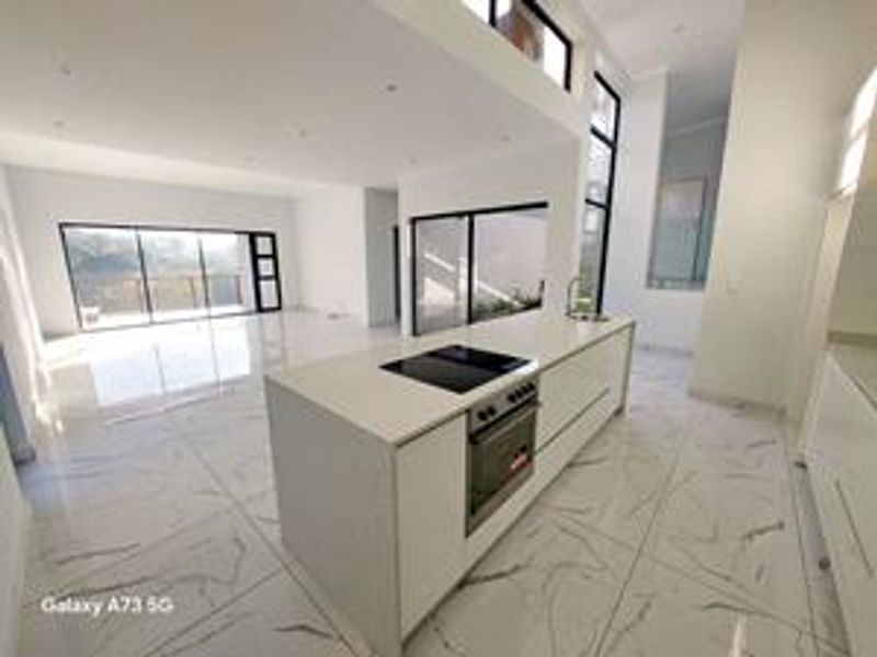 Spacious open-plan living and kitchen area featuring a modern island with built-in appliances, high ceilings, and large sliding doors leading to the outdoors.