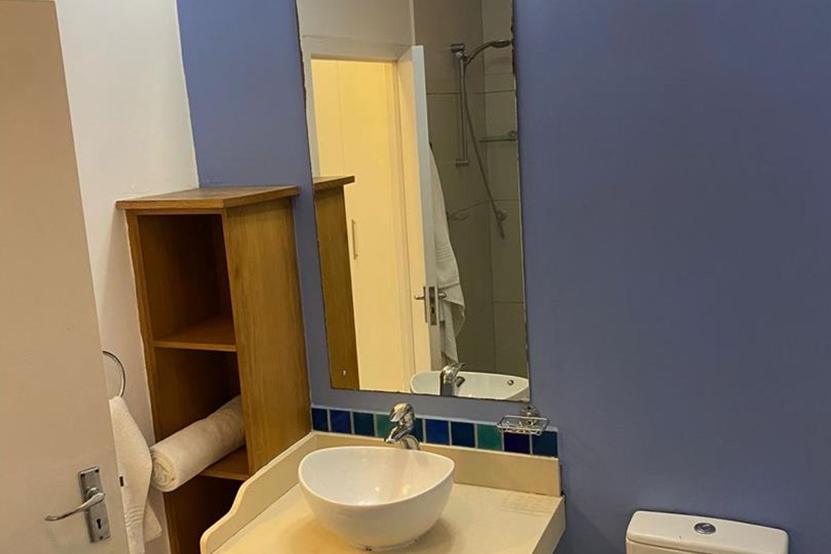 A functional bathroom featuring a vessel sink on a pedestal vanity, a wall-mounted mirror, and a separate shower area.