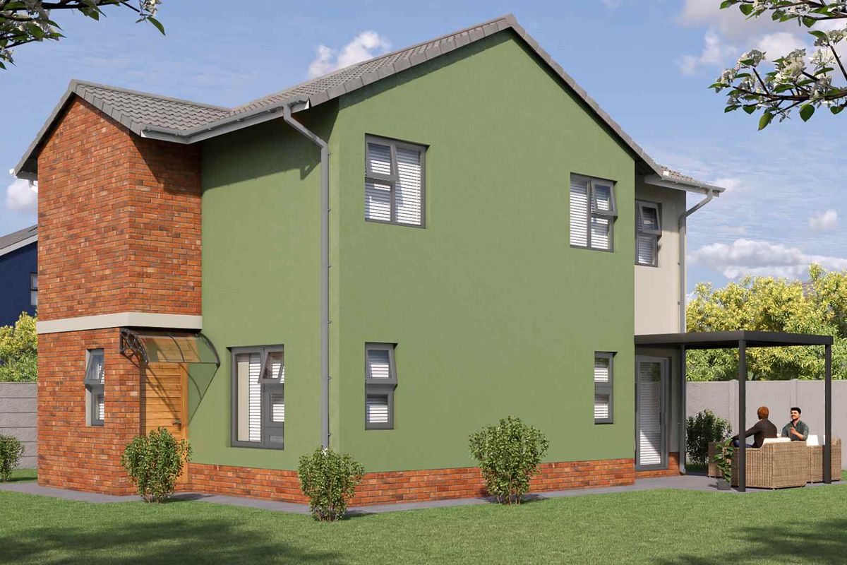 A modern two-story residential house featuring a combination of brick and green rendered exterior walls, tiled roof, and a rear patio area.