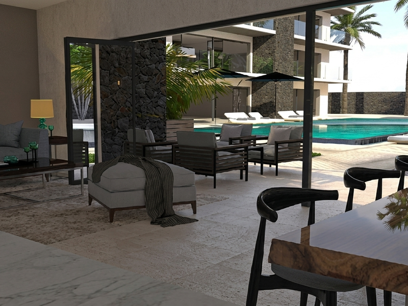 Open-plan living area featuring seamless indoor-outdoor flow through large sliding glass doors to a private swimming pool and patio area.