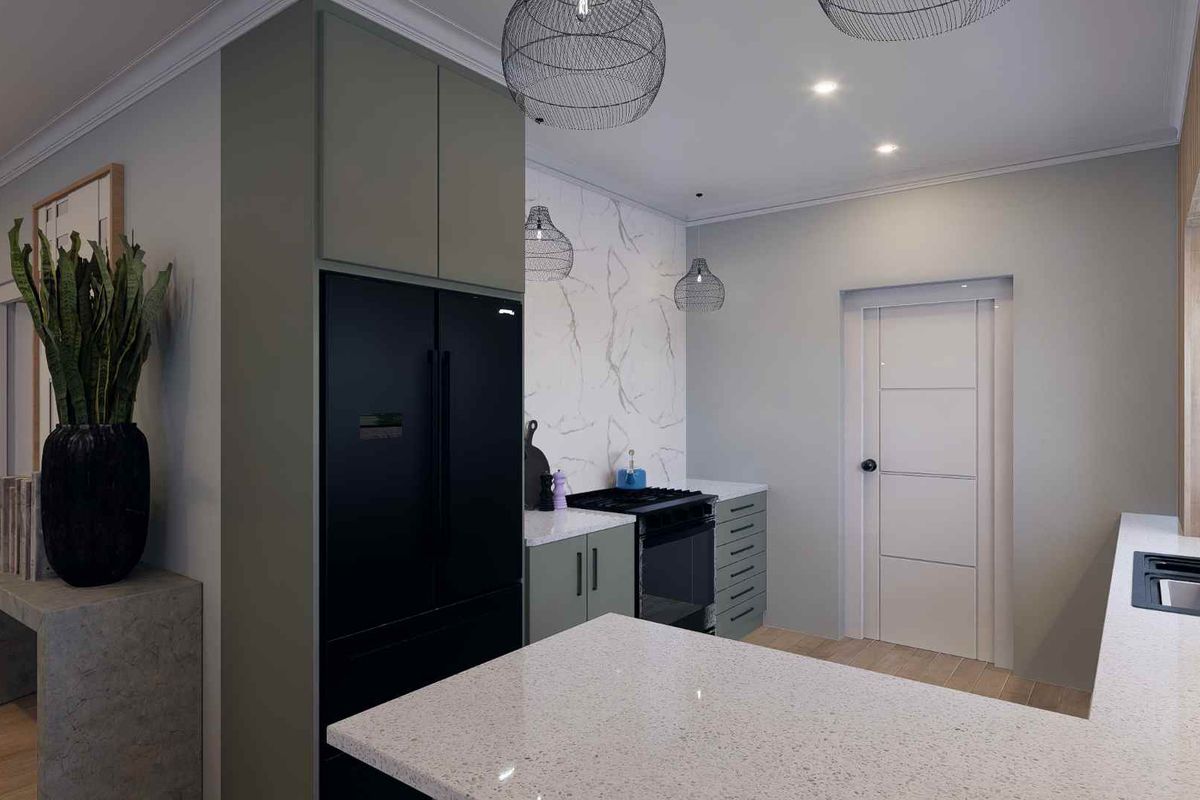 Modern kitchen featuring sleek cabinetry, stone countertops, marble-look splashback, and integrated appliances in a contemporary open-plan layout.