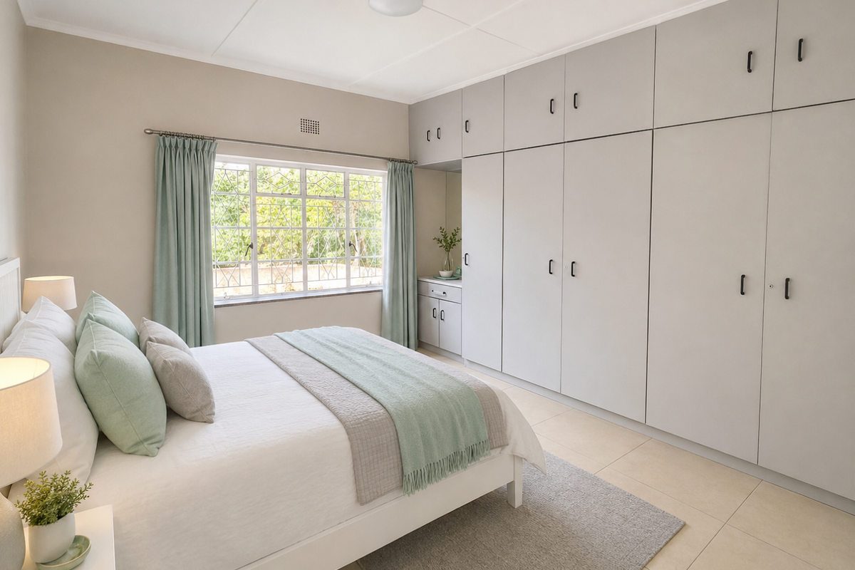 A well-maintained bedroom featuring extensive built-in cupboards, neutral tiled flooring, and a window with security bars, offering a clean and functional living space.