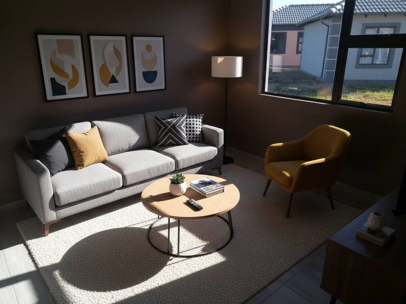 A well-lit living room featuring modern tiled flooring and a large window providing natural light.
