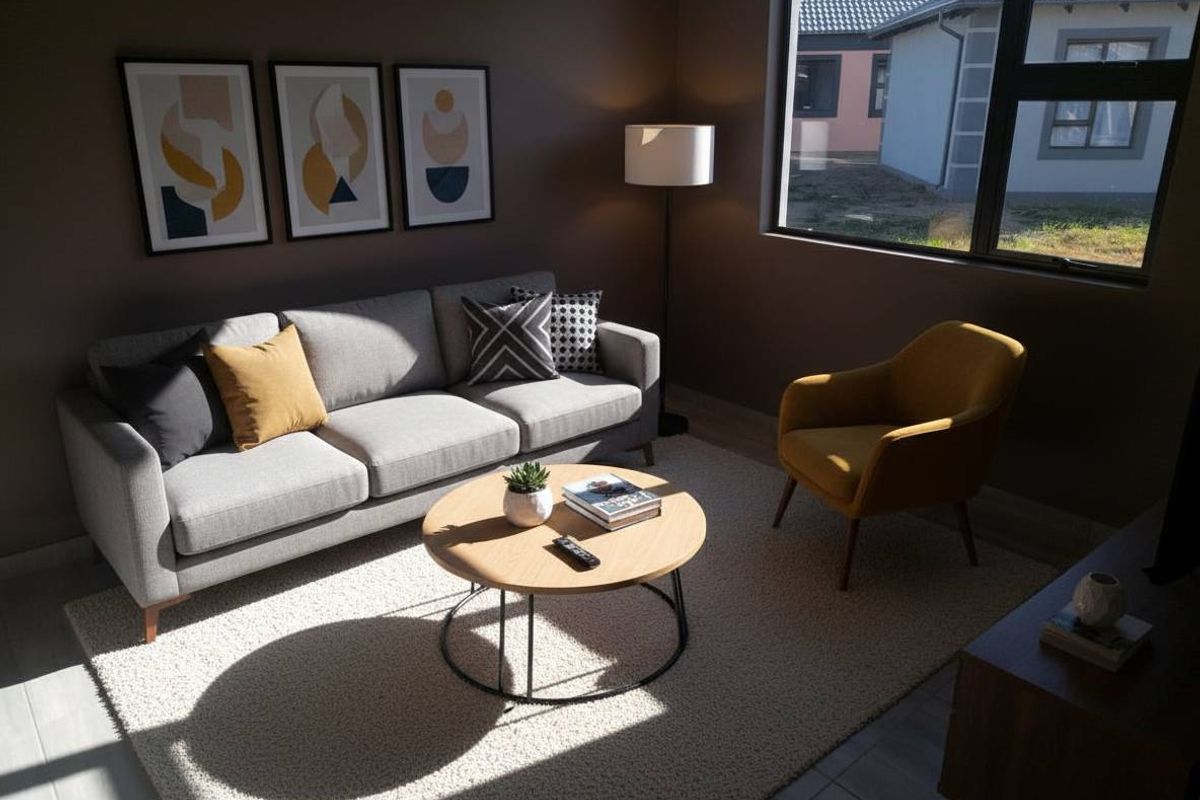 A well-lit living room featuring modern tiled flooring and a large window providing natural light.