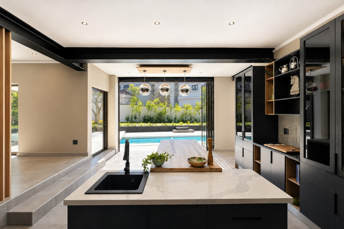 Modern kitchen featuring a large island with stone countertop, sleek black cabinetry, and seamless indoor-outdoor flow to the pool area through bi-fold doors.