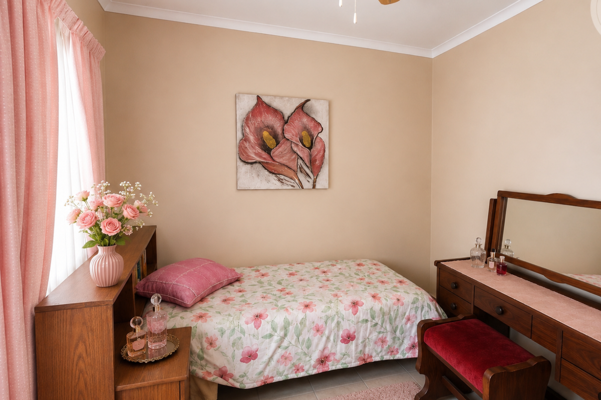 A cozy bedroom featuring neutral wall tones, tiled flooring, and a ceiling fan, providing a comfortable and well-maintained living space.