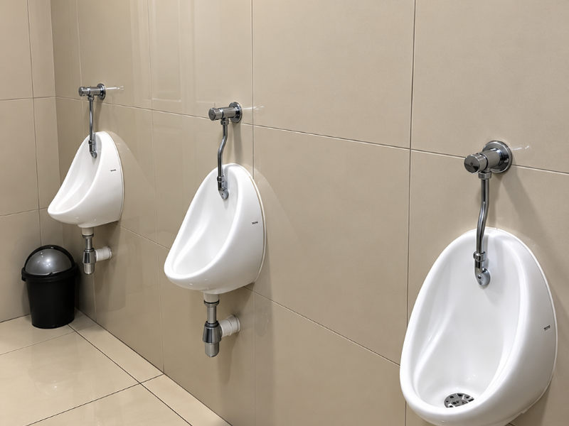 A clean, modern commercial bathroom featuring three wall-mounted ceramic urinals with chrome flush valves and neutral-toned tiled walls and flooring.