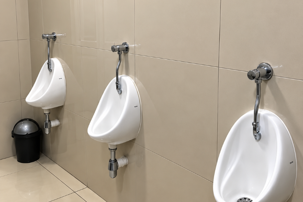 A clean, modern commercial bathroom featuring three wall-mounted ceramic urinals with chrome flush valves and neutral-toned tiled walls and flooring.