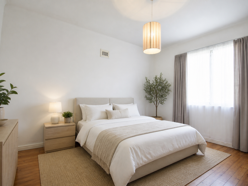 A bright and well-maintained bedroom featuring warm timber flooring, neutral walls, and a modern pendant light fixture.