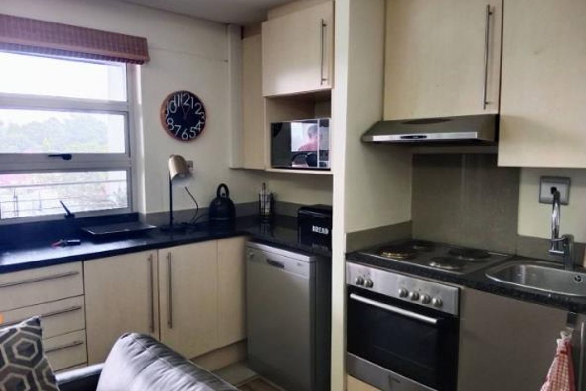 Compact kitchen featuring light-toned cabinetry, dark countertops, built-in oven, electric hob, extractor fan, and an integrated dishwasher.