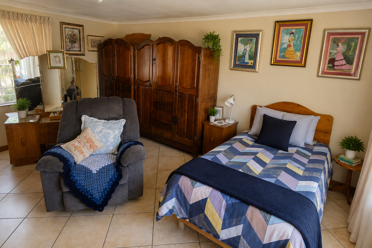 A bedroom featuring tiled flooring, cove cornicing, and a window with security bars, offering a functional and well-maintained living space.