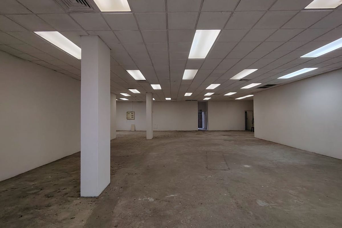 A large, vacant open-plan retail space featuring a suspended ceiling with recessed lighting, structural columns, and unfinished concrete flooring.