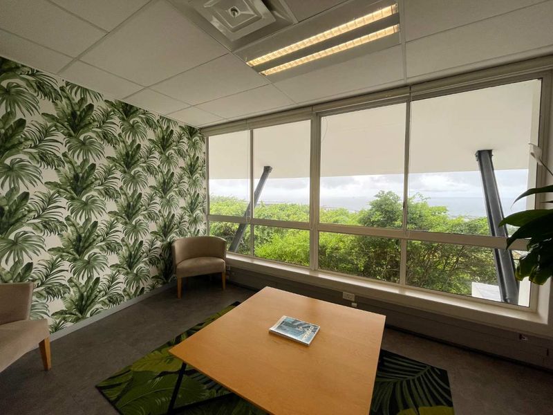 A bright office space featuring large windows with scenic views, patterned wallpaper, and a suspended ceiling with integrated lighting.