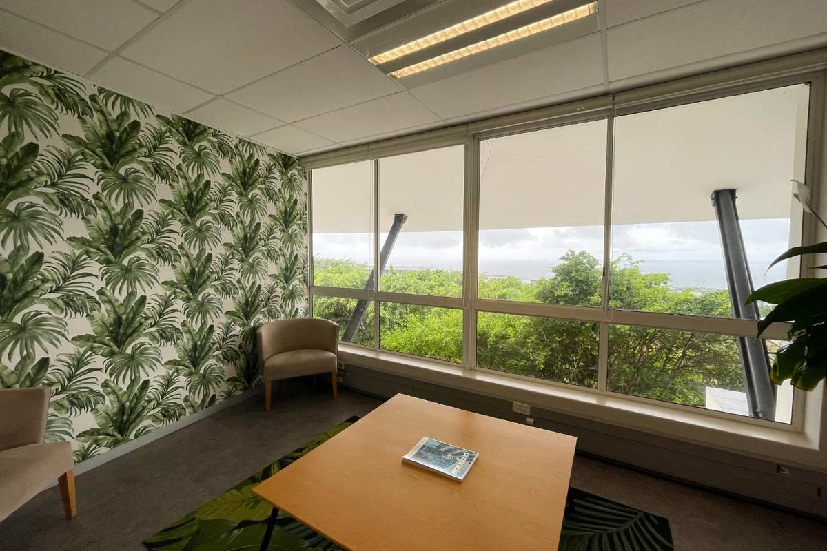 A bright office space featuring large windows with scenic views, patterned wallpaper, and a suspended ceiling with integrated lighting.