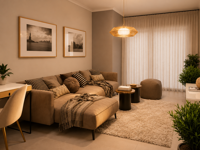 A well-appointed living room featuring neutral tones, tiled flooring, sheer curtains, and integrated lighting, creating a warm and inviting atmosphere.