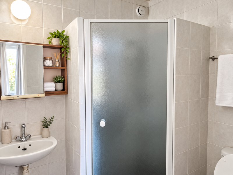 A functional bathroom featuring a shower enclosure, wall-mounted basin with mixer tap, and neutral wall tiling throughout.